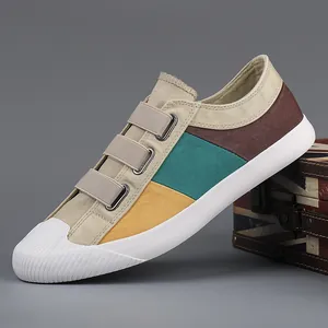 Men's Fashion Patchwork Canvas Shoes Low-top Hook-and-Loop Casual Sneakers Breathable Flat Board Shoes Korean Style Shoes