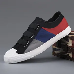 Men's trendy color-block canvas shoes with triple hook-and-loop straps and rubber toe.