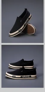Side and angled views of men's black canvas slip-on loafers with cream soles