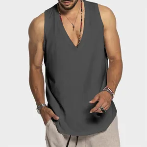 Detail view of men's loose fit deep V-neck cotton vest in dark grey