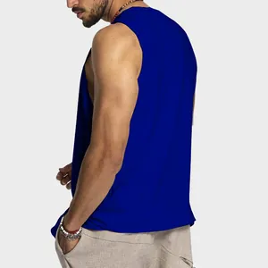 Back view of men's royal blue sleeveless cotton tank top for relaxed casual summer wear