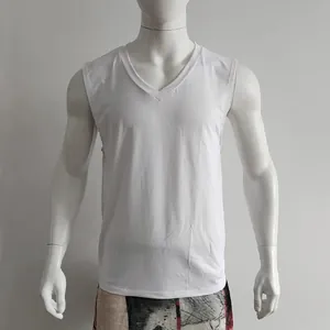 Detail of white V-neck cotton tank top for men's casual and athletic summer wear