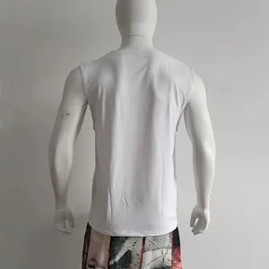 Back view detail of a plain white men's sleeveless cotton tank top on mannequin
