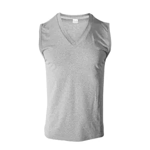Detail of gray men's V-neck cotton tank top with comfortable sleeveless cut