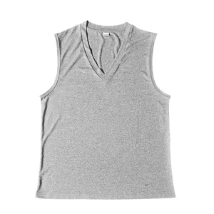 Detail of gray men's sleeveless V-neck casual sports vest with high-quality fabric texture