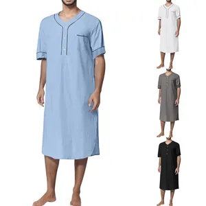 Detail view showing men's loose short-sleeve solid nightgown available in four colors