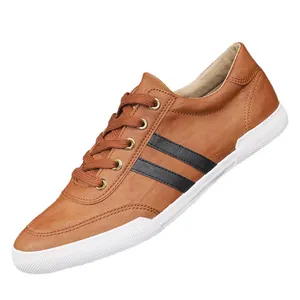 Premium men's casual brown leather low-top sneakers featuring black stripes and a white sole