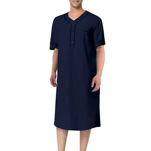 Macro view showing the V-neck button closure and chest pocket of this navy men's nightgown