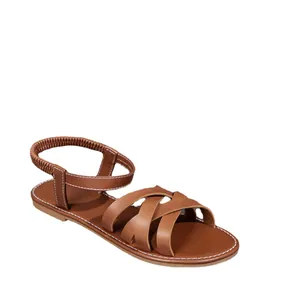Sandali piatti casual da donna marroni con cinturini incrociati intrecciati e cinturino elastico