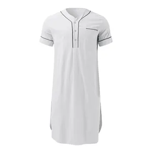 White short-sleeved nightgown for men with black piping detail and chest pocket