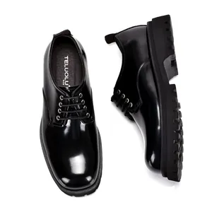 Detailed view of men's black leather Derby shoes featuring thick platform soles and round toes