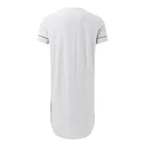 Back view of men's white short sleeve long nightgown with black trim.