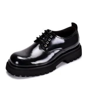 Elegant black genuine leather Derby shoes with chunky platform sole and round toe for men