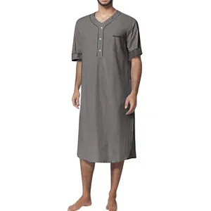 Men's short-sleeved thin sleep robe in grey, loose fit casual nightgown for home wear.