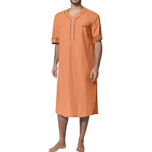 Men's loose short sleeve sleep shirt in solid orange with V-neck button detail.
