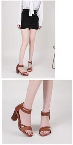 Close-up of brown high-heeled sandals featuring braided straps and a back zipper closure.