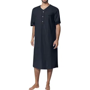 Men's loose navy blue short-sleeved nightgown with V-neck button detailing and cuffs
