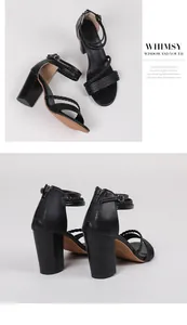 Close-up view of black high-heeled sandals featuring braided straps and back zipper closure