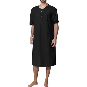 Comfortable men's loose black short sleeve nightgown featuring a classic buttoned V-neck design