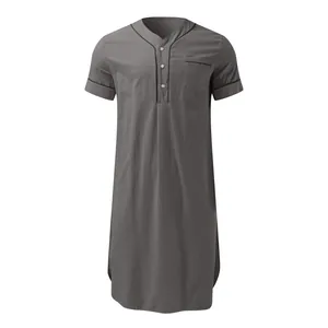 Comfortable grey short-sleeve men's Henley sleepwear robe with chest pocket detail