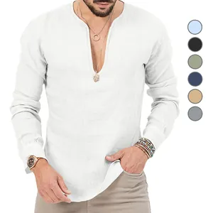 Men's slim fit linen long sleeve Henley shirt with deep V-neck and solid color design