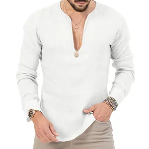 Close-up detail of men's slim fit white linen long sleeve Henley shirt with deep V-neck design