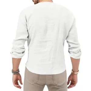 Detailed back view of a men's slim fit white linen long sleeve Henley shirt with texture