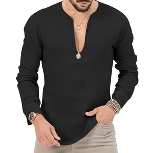 Close-up showing the slim fit and linen texture of this black deep V-neck Henley shirt