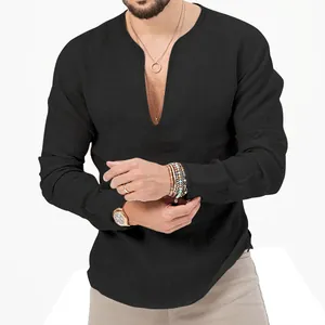 Close-up of black Henley linen long-sleeve T-shirt with deep V-neck detail