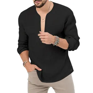 Close-up detail of a men's black linen Henley shirt with a deep V-neck casual design