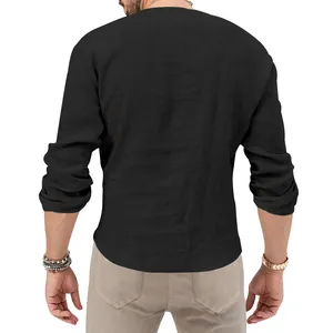 Back view of men's black linen-textured long sleeve Henley shirt with curved hem detail