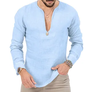 Detailed view of a light blue men's slim fit linen long sleeve shirt featuring a deep V-neck