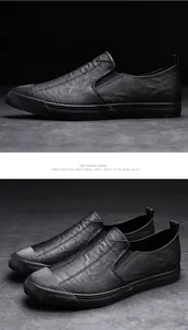 High-quality detailed side view of black textured leather slip-on loafers for men