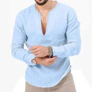Close-up of men's light blue slim fit long sleeve linen Henley shirt with deep v-neck