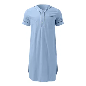 Men's light blue short sleeve nightgown with contrast piping and a chest pocket