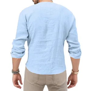 Back view of a slim fit men's light blue long sleeve linen texture Henley shirt.