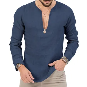 Detail view of men's navy blue long sleeve Henley shirt with deep V-neck design.