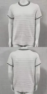 Front and back views of a white slim-fit knitted T-shirt with black striped trim