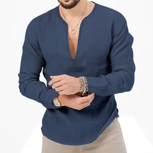Men's slim fit deep V-neck long sleeve Henley shirt in navy blue linen fabric