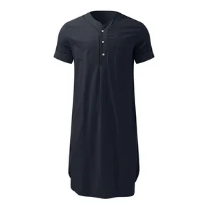Macro view of navy blue men's loose loungewear robe showing Henley neck and pocket