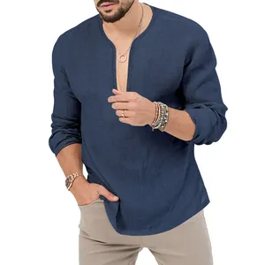 Men's slim fit navy blue linen Henley shirt featuring a deep V-neck design for casual style