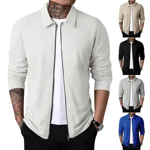 Veste en Tricot Gaufre pour Hommes Cardigan à Fermeture Éclair Polyester Manches Longues Col à Revers Manteau d'Automne Léger Décontracté