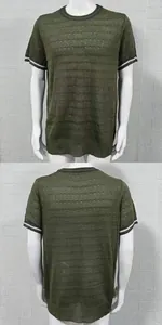 Detail view of men's olive green knitted t-shirt with front and back perspective.