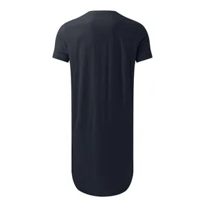 Back view of a navy blue short-sleeved long-length men's sleep shirt with curved hem
