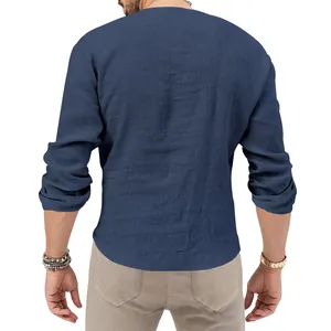 Rear view of men's slim fit navy blue linen Henley shirt showcasing fabric texture