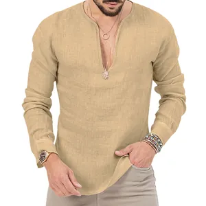 Detail view of men's linen long sleeve Henley shirt with deep V-neck