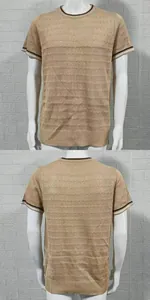 Front and back detail view of men's slim fit khaki knitted short sleeve T-shirt