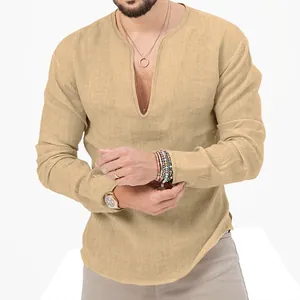 Detail of men's beige linen long sleeve Henley shirt with deep V-neck and slim fit
