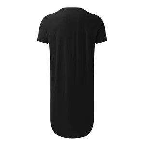 Back view of a black men's long short-sleeved sleep shirt with a rounded hemline