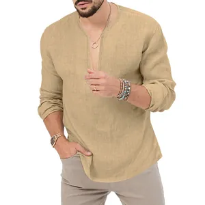 Detailed view of men's slim fit linen Henley shirt in khaki with deep V-neck